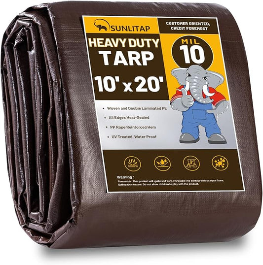 10 Mil Heavy Duty Waterproof Tarps, 10x20 Ft Finished Size Tarps, Premium Tarp with Metal Grommets & Reinforced Edge, Multipurpose Thick Poly Tarp for Car, Boat, Roof, Camping - Brown