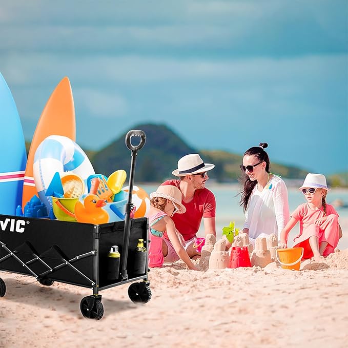 VIC Collapsible Folding Wagon Extra Long Extender Wagon Cart,Beach Wagons Cart Heavy Duty Foldable, Utility Grocery Car with Side Pocket for Camping Garden Sports, V1
