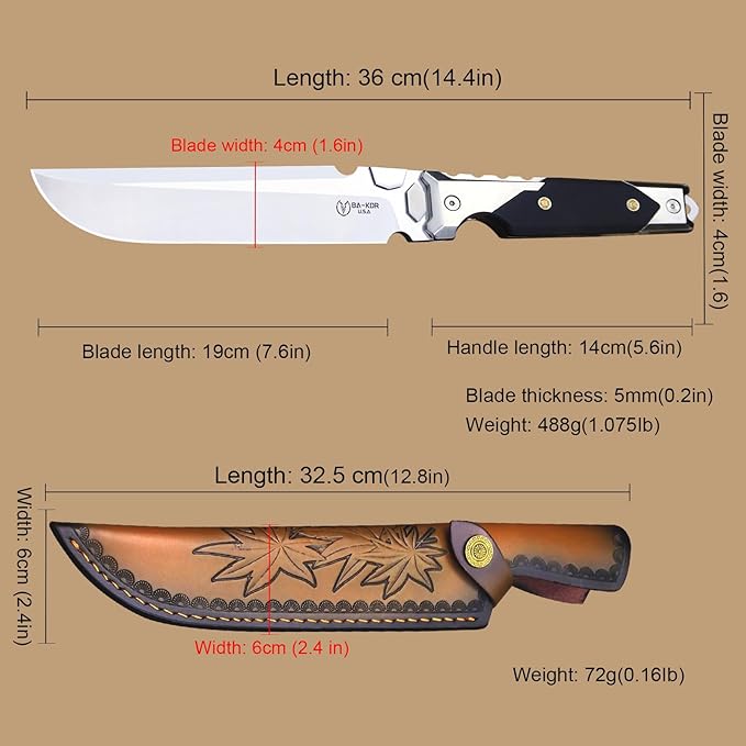 BA-KOR 14.3 inch All-Tang 9CR18MOV Hunting Survival knife + sheath,&（5.9in） Drilled Flint Fire Starter ， stainless steel +G10 handle camping knife, multi-purpose EDC tool knife ﻿