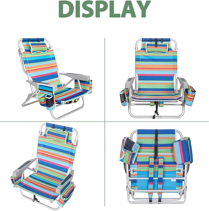 2Pk Aluminum 5-Position Lay Flat Folding Backpack Beach Chairs for Adults with Cooler Bag, Cup&Phone Holder, Towel Bar for Outdoor Lawn Picnic Sport, Portable Foldable Camping Chairs, Multi Stripes