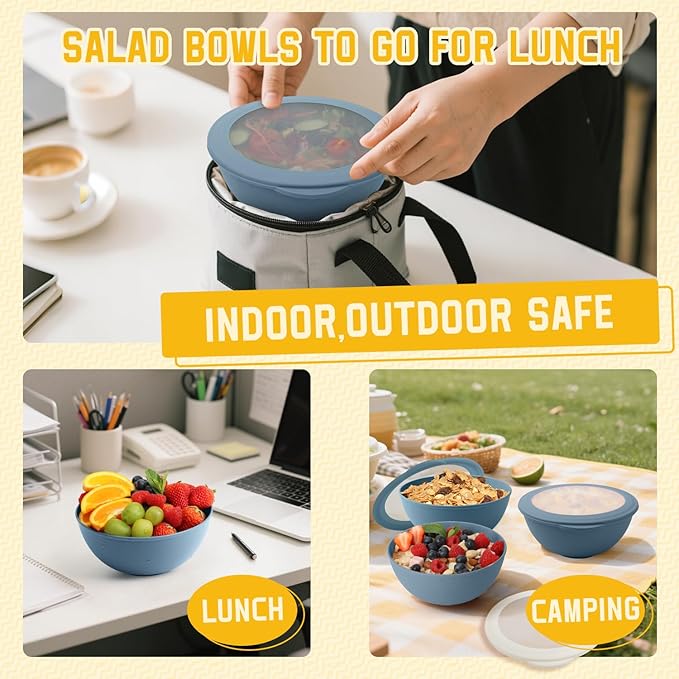 Homienly Bowls for Kitchen, Wheat Straw Bowls with Lids, Salad Container for Lunch, Unbreakable Microwave and Dishwasher Safe 40 OZ Large Bowl for Soup, Cereal, Ramen, RV, Camping, College Dorm, Blue