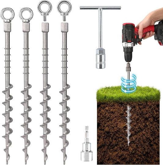 4 Pcs 14" Ground Anchors Screw in Non-Rust Cast Aluminum Detachable Tent Stakes for Camping Tents, Sand, Trampoline, Swing Sets and Sheds