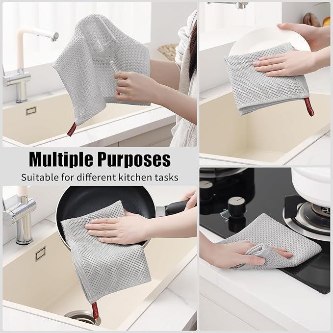 Kitinjoy 100% Cotton Kitchen Towels and Dishcloths Set, 8 Pack-13" x 28" and 12" x 12" Waffle Weave Dish Towels, Ultra Soft Absorbent Quick Drying Dish Rags, Light Grey