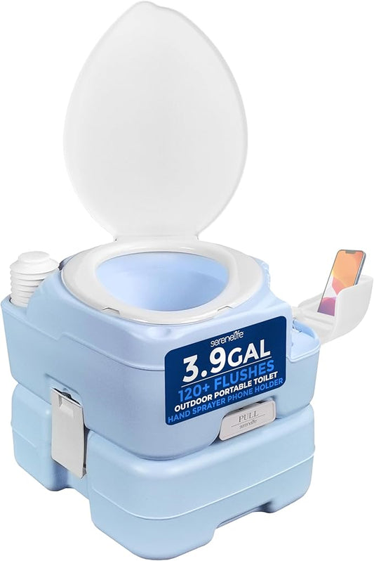 SereneLife 4 Gallon Portable Toilet with Extra Large Seat – Outdoor Camping Toilet with Flush, 3.2 Gallon Fresh Water Tank, Hand Sprayer, Funnel & Phone Holder for RV, Boat, Travel, Indoor/Outdoor Use