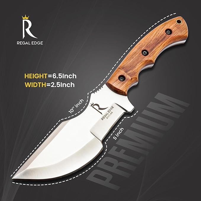 Fixed Blade Knife 10” Hunting Knife With Fire Starter And Leather Sheath - Olive Wood Handle Survival Knives for Camping, Hiking, and Outdoor Use By Regal Edge