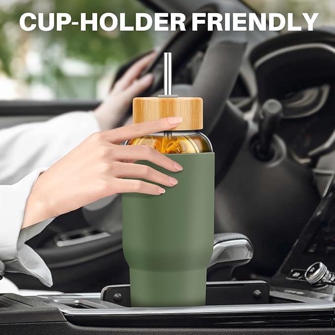 PROBTTL Glass Water Bottles 32 oz, 1 Liter Glass Tumbler, Borosilicate Water Bottle with Straw, Silicone Sleeve, 2 Lids - Handle Spout & Bamboo Straw Lid, Fits Car Cup Holder