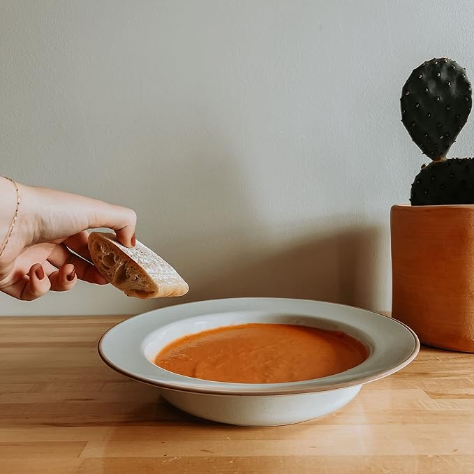 MORA Ceramic Wide Rimmed Soup Bowl 25oz, Set of 4 - For Pasta, Italian, Spaghetti, Dipping Bread, Fancy Dinner etc. Large Plate/Bowls Hybrid For Everyday & Restaurant Use, Large Flat Rim - Earl Grey