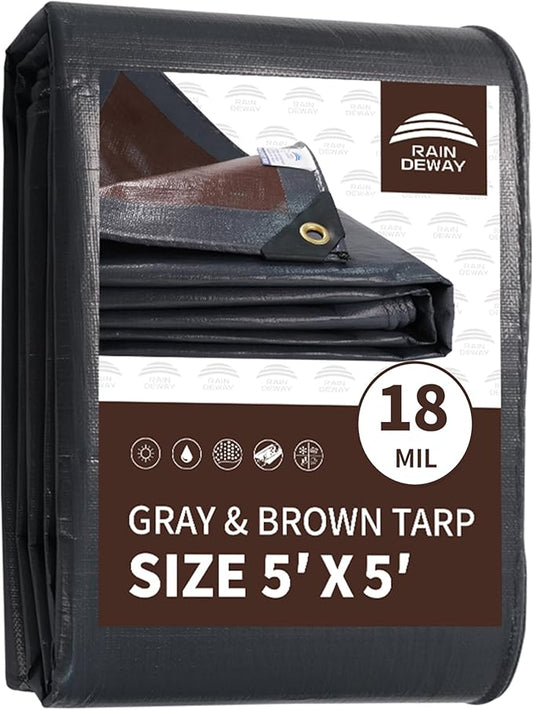 RAINDEWAY 5x5 Feet Super Heavy Duty Tarp 18 Mil, UV Resistant, Weatherproof, Multipurpose Waterproof Poly Tarp with Grommets and Reinforced Edges, Brown/Gray Tarps