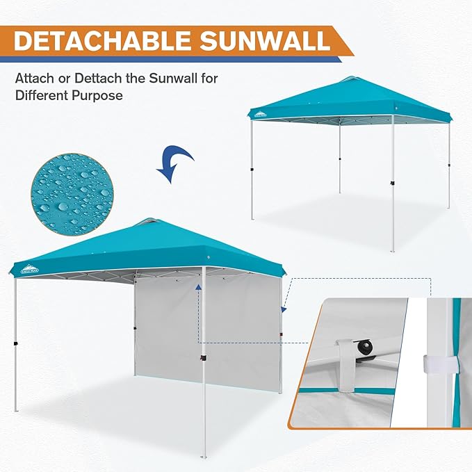 EAGLE PEAK Pop Up Canopy Tent with 1 Sidewall, Easy Setup Event Tent, Outdoor Sun Shade, Wheeled Carry Bag, Stakes and Guy Ropes, Instant Canopy 10x10, Turquoise