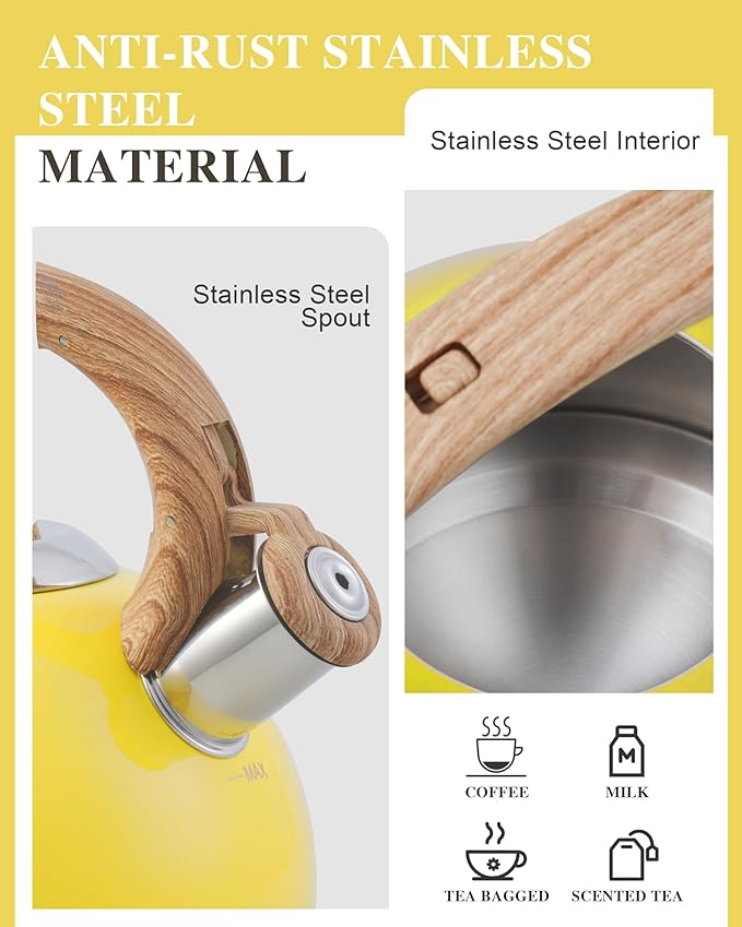 Tea Kettle for Stovetop, 2.7 Quart Loud Whistle Stovetop Teapots,Food Grade Stainless Steel Tea kettles for Stove Top with Anti-hot Ergonomic Handle,Suitable for All Heat Sources,Yellow