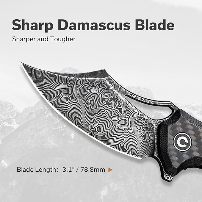 CIVIVI Chiro Pocket Knife for EDC, Folding Knife with Flipper 3.1" Damascus Blade Carbon Fiber Overlay On Black G10 Handle, Utility Knife for Men Women C23046-DS1