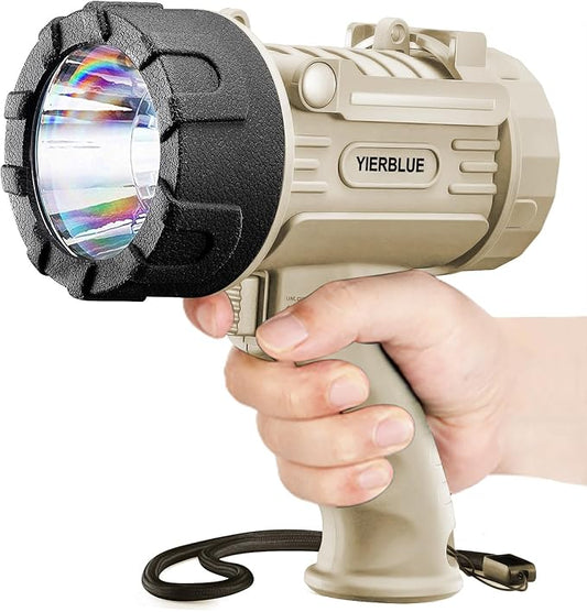 YIERBLUE Rechargeable Spotlight Flashlight with 99,000 High Lumen LED, IP67 Waterproof Long Running Spot Light searchlight, Impact Resistant Handheld Spotlight with Foldable Stand and Red Lens