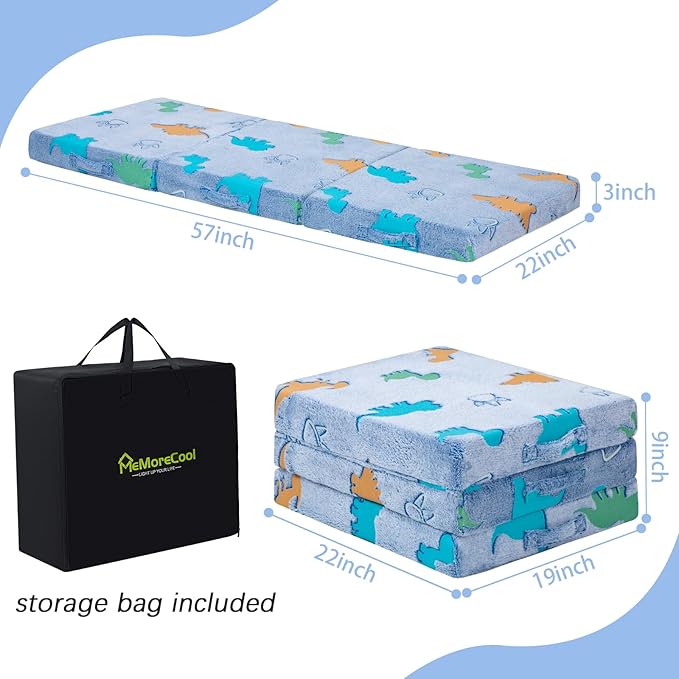 MeMoreCool Foldable Floor Mattress for Kids, Glow Dinosaur Toddlers Trifold Nap Mat, Kids Folding Mattress Portable Sleeping Futon for Daycare or Floor Bed, 57x22 Inch Blue