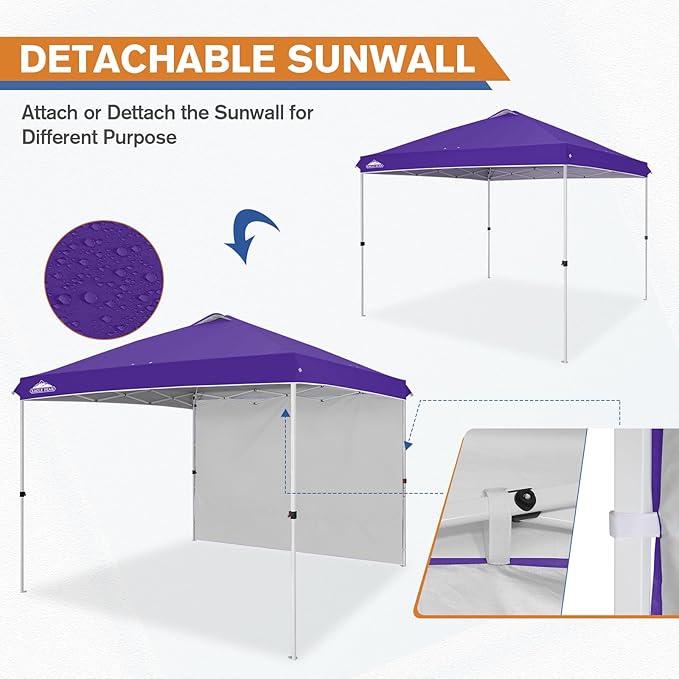 EAGLE PEAK Pop Up Canopy Tent with 1 Sidewall, Easy Setup Event Tent, Outdoor Sun Shade, Wheeled Carry Bag, Stakes and Guy Ropes, Instant Canopy 10x10, Purple