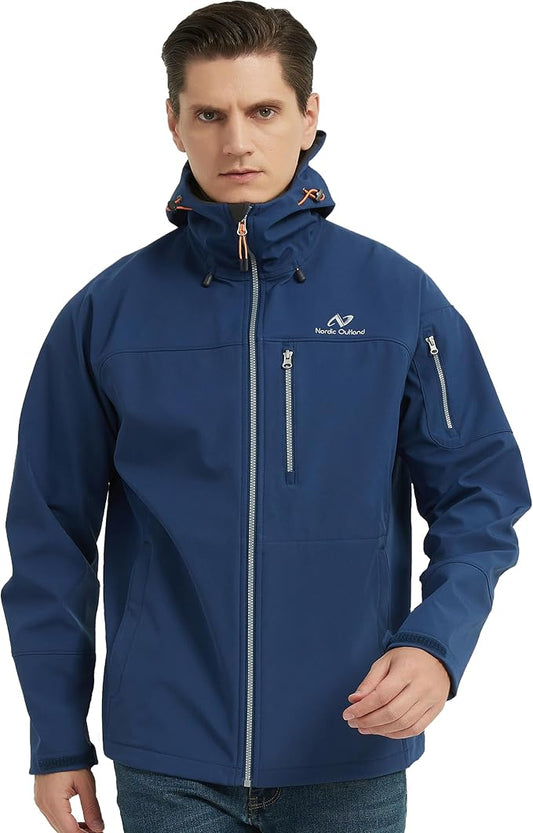 Men's Waterproof Softshell Rain Jacket, Hooded Windbreaker 7 Pockets, Lightweight Shell for Outdoor Activities