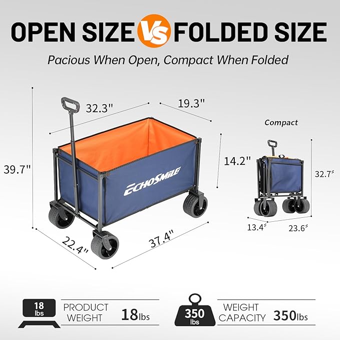 EchoSmile Collapsible Folding Wagon Cart with All-Terrain Wide Wheels, Heavy Duty Garden Cart with 350lbs Capacity,Portable Lightweight Rolling Wagon Cart for Camping Beach Sports Shopping,Blue
