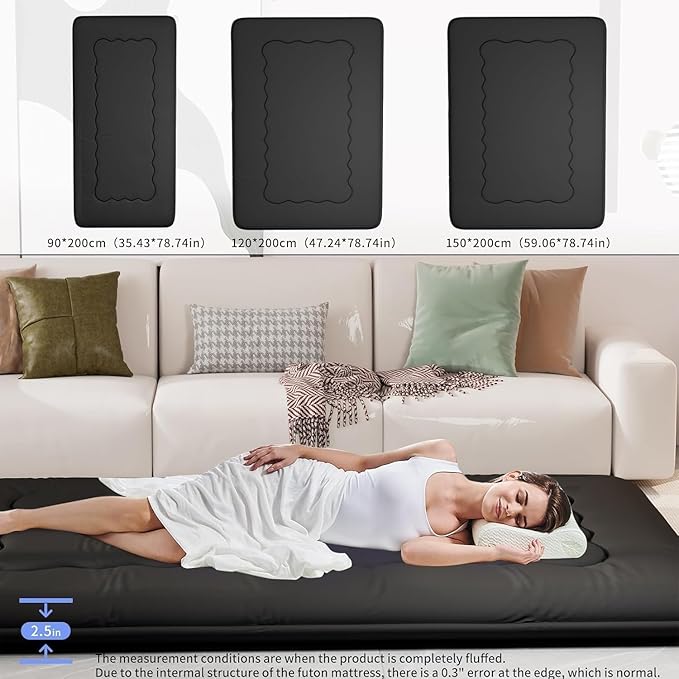 Japanese Futon Mattress, Foldable Tatami Mat Portable Dormitory Sleeping Pad with Bag & Strap, Floor Thicken Sleeping Roll up Camping Mattress (Black WS1, 60"X80")