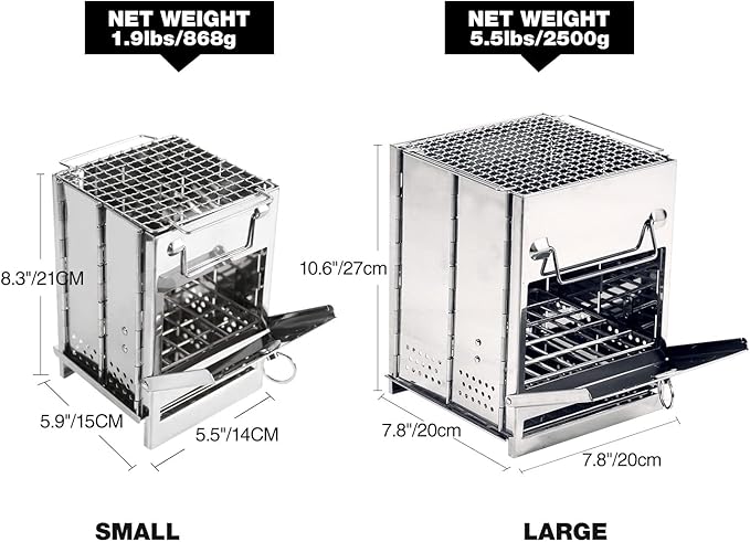 REDCAMP Wood Portable Burning Folding Camp Stove Stainless Steel Grid, Collapsible Backpacking Stove Survival Rocket Stove for Hiking Outdoor Tent Camping Picnic BBQ, Large