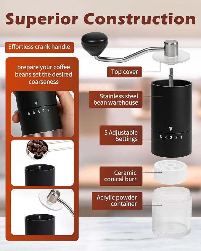 Manual Coffee Grinder With Ceramics Burr For Espresso,French Press,5 Adjustable Settings,Hand Maker with Built-In Burr,For Home Use and Camping Travel,Coffee Bean Grinders With Hand Crank (Black)