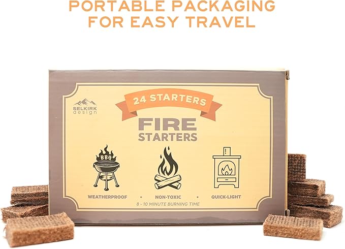 Fire Starters – 24-Pack | Non-Toxic, Odorless & Weatherproof Fire Starters for Camping, Fireplace, BBQ, Wood Stove & Grill | Easy Light, Long Burning 8–10 Minutes