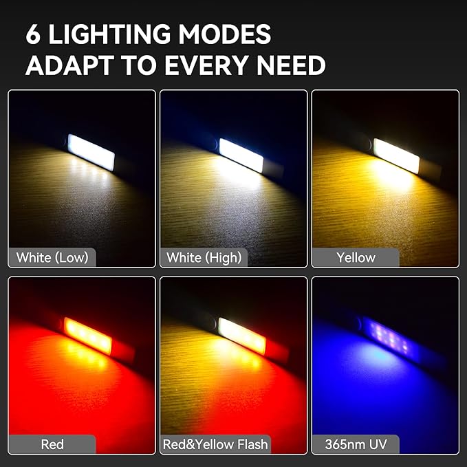 YC8005 2000 Lumen EDC Flat Flashlight Rechargeable with Red Beam, UV, Yellow and White Light LED Combo, Pocket Light with Magnet & COB, for Outdoor, Emergency, Camping.