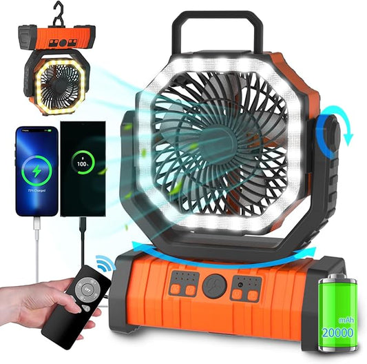 ADUST Camping Fan - 20000mAh Battery Powered Fan Battery Operated Rechargeable Portable Outdoor Tent Fans with Hanging Hook, Cordless, 4 Speeds, Remote Control - Orange
