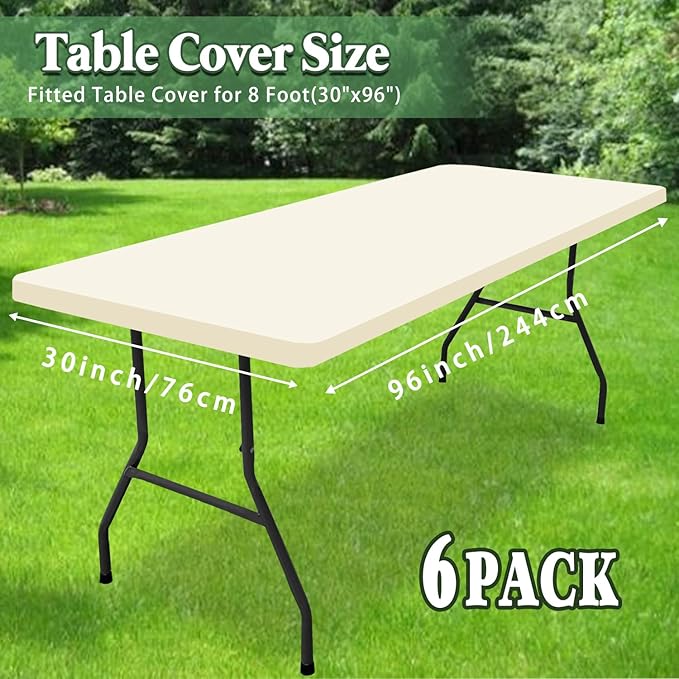 6 Pack Table Cover Fitted Picnic Elastic Tablecloth for 8 Foot Rectangle Tables Waterproof Stretch Washable Folding Indoor and Outdoor Spandex Table Cloth for Parties Banquet Camping (Beige,30" x 96")