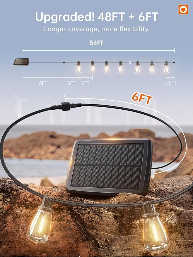 addlon 54FT(48+6) Solar String Lights Outdoor Waterproof with USB Port & Remote Control Dimmable Solar Patio Lights IP65 Solar Powered Edison LED Bulbs for Outside Bistro Camping