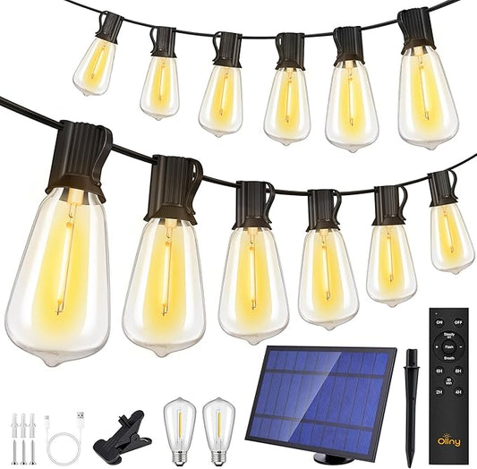 Ollny 50+2 LEDs ST38 Solar String Lights, 100 FT USB & Solar Dual Charging Outdoor String Lights, 3 Modes 5 Timers 10 Brightness 2200K Waterproof Patio Lights for Porch Garden Market Bistro Camping