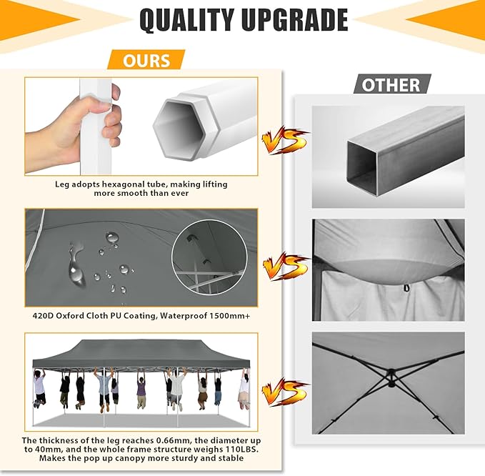 HOTEEL 10x30 Heavy Duty Pop Up Canopy Tent for Parties Event Wedding Commercial Instant Canopy with Wheeled Bag, Party Tent Waterproof UV 50+&Windproof, Upgraded Thick Hexagonal Legs, Gray