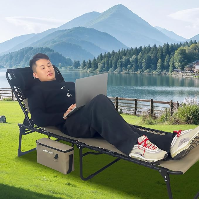 Folding Lounge Chair Outdoor with Insulated Cooler Bag Portable for Outside Patio Chaise Lounge Chair 5-Position with Pillow for Beach Sunbathing Pool Camping Lawn