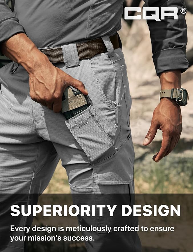 CQR Men's Flex Ripstop Tactical Pants, Water Resistant Stretch Cargo Pants, Lightweight EDC Hiking Work Pants