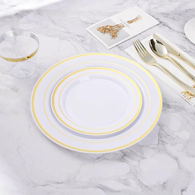 200PCS Gold Plastic Plate, Disposable Party Plates with 100 Dinner Plates and 100 Dessert Plates, Plastic Plates for Party, Wedding and Birthday