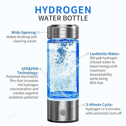 Hydrogen Water Bottle, Portable Hydrogen Water Ionizer Machine, Hydrogen Water Generator, Rechargeable Hydrogen Rich Water Glass Health Cup for Home Travel (Silver)