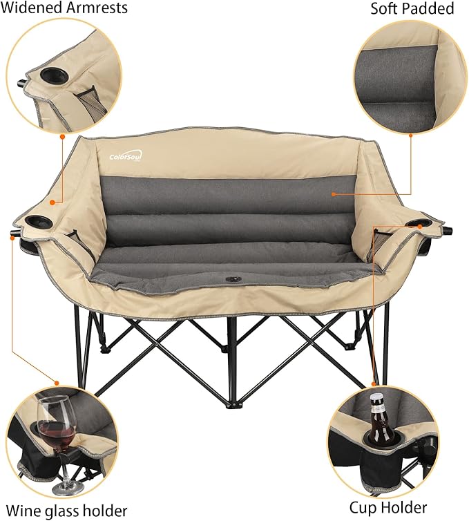 2 Person Fully Padded Camping Chair Oversized Loveseat Camping Chair Double Camping Chairs for Adults Heavy Duty Outdoor Camping Couch, Padded Seats & Armrests, 600Lbs, Beige