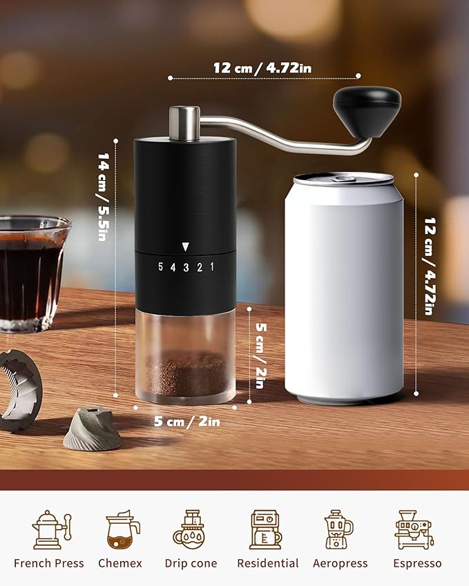 Manual Coffee Grinder With Ceramics Burr For Espresso,French Press,5 Adjustable Settings,Hand Maker with Built-In Burr,For Home Use and Camping Travel,Coffee Bean Grinders With Hand Crank (Black)