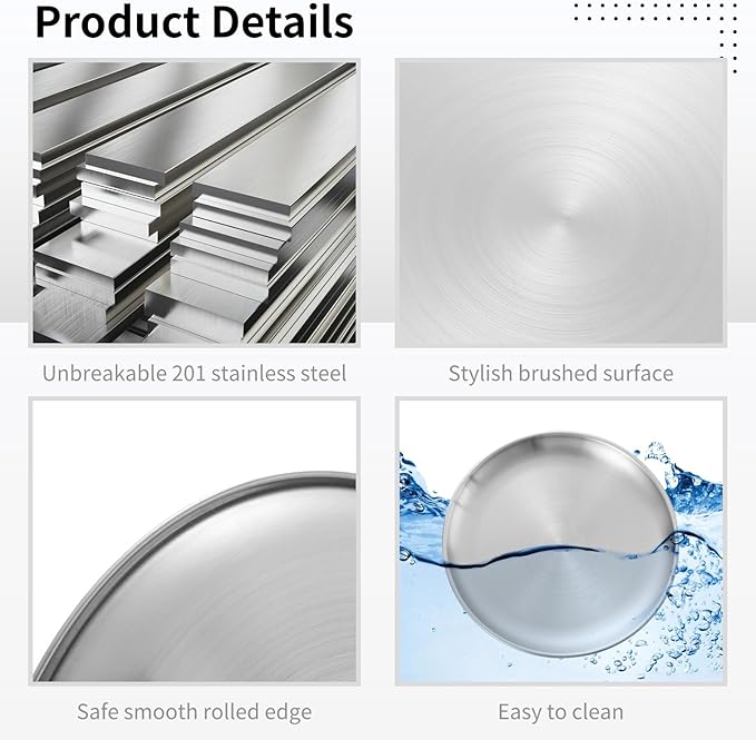OMISTAR 16 Pcs Stainless Steel Dinner Plates, Reusable Brushed Metal Plates, 9 inch Round Dinner Dishes, Serving Plates for Main Dishes, Unbreakable Kitchenware, Dishwasher Safe