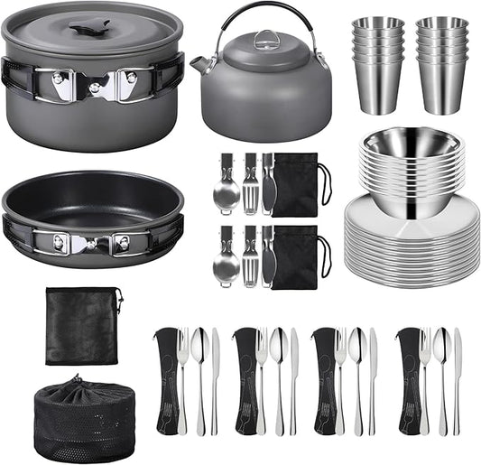 REDCAMP Stainless Steel Camping Mess Kit, Camping Dishes Set for 4, Camp Plate Set with Bowls Plates Cups Forks Spoons, for Backpacking, Outdoor Backpacking Hiking and Picnic