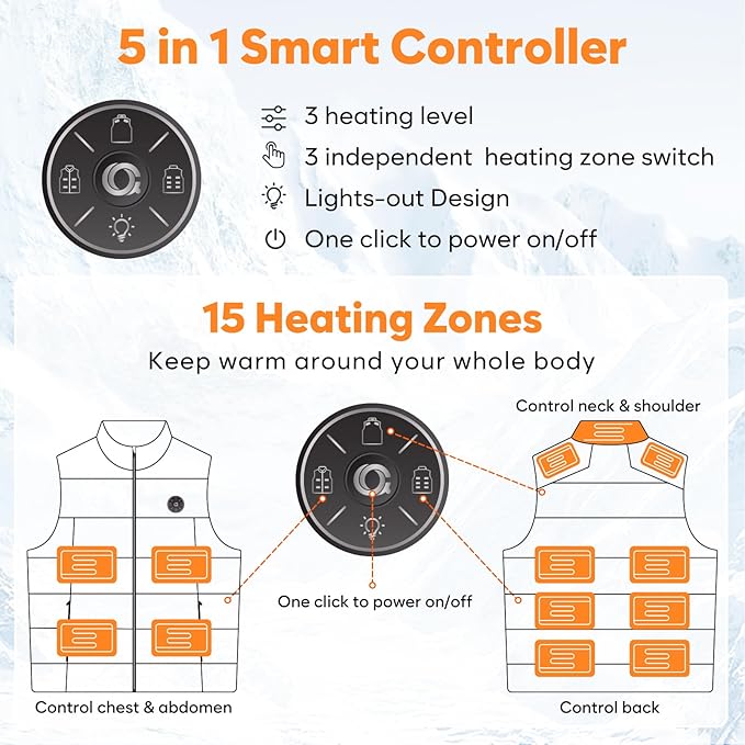 Heated Vest for Men With 16000mAh 7.4V Battery Pack Included, Light Weight 15 Heating Zone Electric Heating Vest