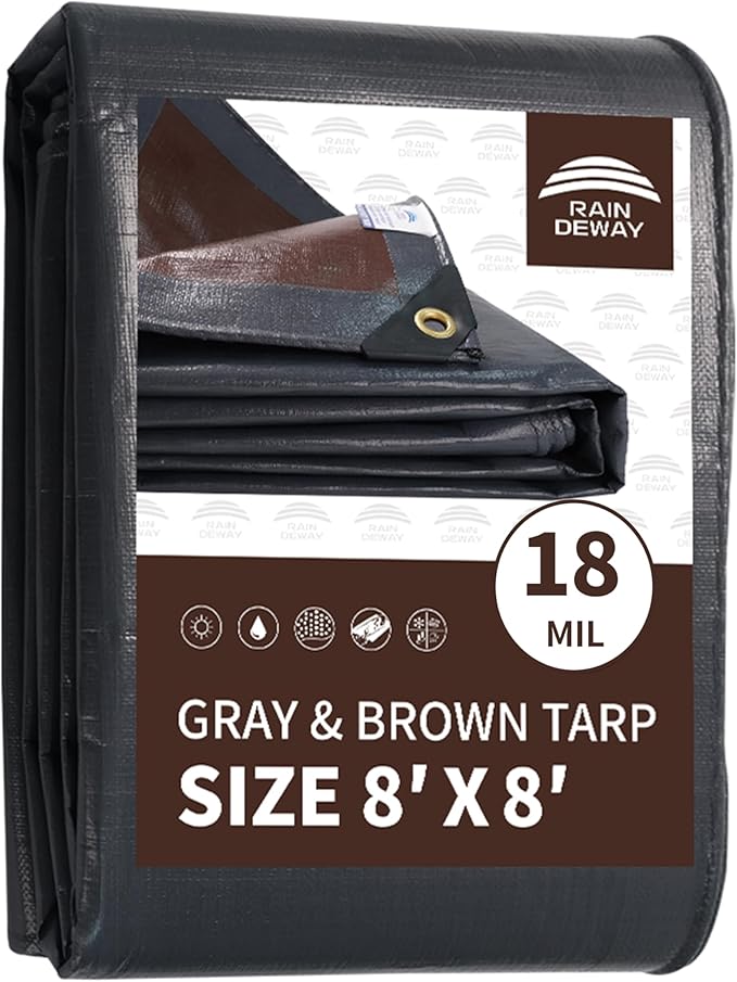 RAINDEWAY 8x8 Feet Super Heavy Duty Tarp 18 Mil, UV Resistant, Weatherproof, Multipurpose Waterproof Poly Tarp with Grommets and Reinforced Edges, Brown/Gray Tarps