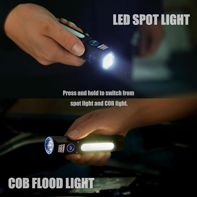 WARSUN SQ03 EDC Pocket Flashlight - Rechargeable 1000 Lumen LED Flashlight with Clip, Magnetic Base, Type-C Charging, Waterproof Aluminum Alloy Body for Camping, Hiking, Night Walks, Home Use