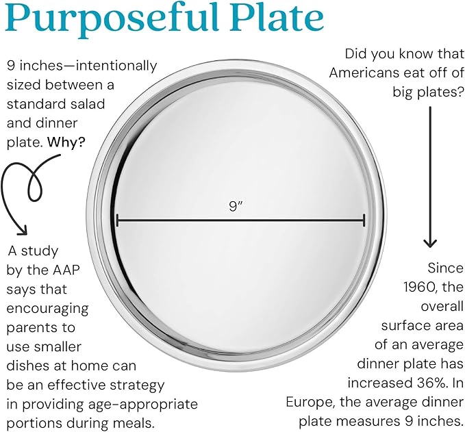 Ahimsa Stainless Steel Plates - 9" Round Classic Stainless Steel Kids Plates, Non Toxic Plate, Camping Plate, BPA Free & Dishwasher Safe (Set of 4)