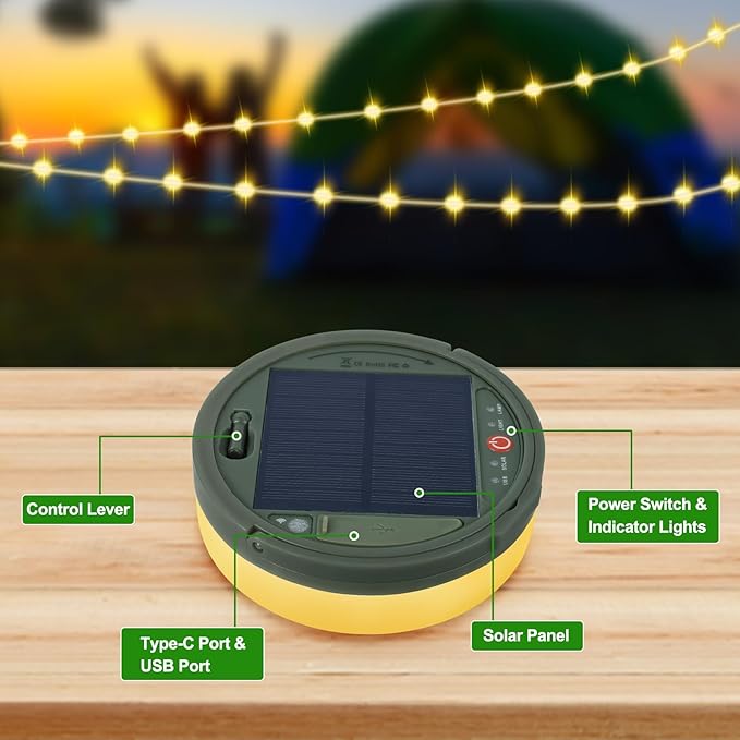 SMY Lighting 4 in 1 Solar Camping String Lights, 72.2Ft Ultra Long String with 220LEDs, Solar Powered and USB Rechargeable Light with Remote Control, Portable Camping Light for Hiking, Decorations