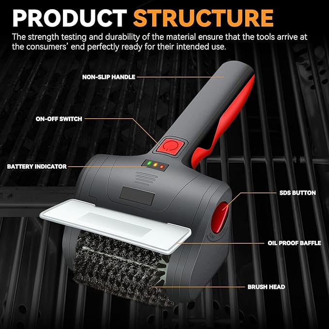 Auto Dynasty Cordless Electric Grill Brush, Rechargeable Grill Cleaning Scrub Brush with Rotating Cleaner Brush Head and Type-C Charging Cable for Outdoor Grill, Red/Black