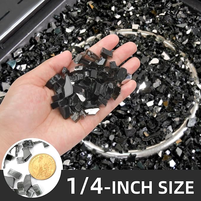 10 Pounds Fire Glass 1/4 Inch High Reflective Tempered Firepit Glass Rocks for Fireplace, Fire Pit Table, Fire Bowl and Landscaping (Onyx Black)