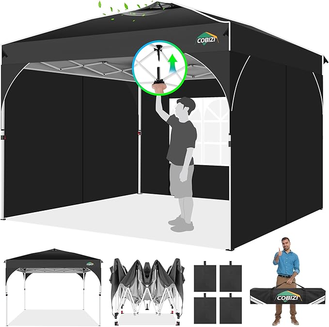 COBIZI Canopy Tent 10x10, Easy Up 10x10 Pop Up Canopy for Party Camping, Party Tents with One Push Central Button Air Vent, Outdoor Gazebo Tent with Sidewalls and Reflective Strip(Black)