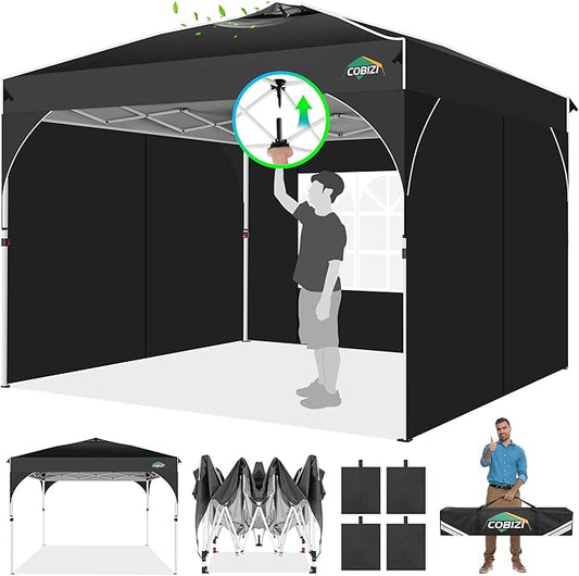 COBIZI Canopy Tent 10x10, Easy Up 10x10 Pop Up Canopy for Party Camping, Party Tents with One Push Central Button Air Vent, Outdoor Gazebo Tent with Sidewalls and Reflective Strip(Black)