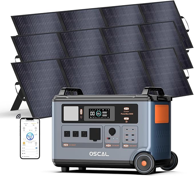 OSCAL PowerMax 6000 Solar Generator, 3600Wh/3000W Portable Power Station with 3x200W Solar Panels, 4 AC Outlets (6000W Peak), 1.2H Fast Charging, App Control for Home, Camping & RVs
