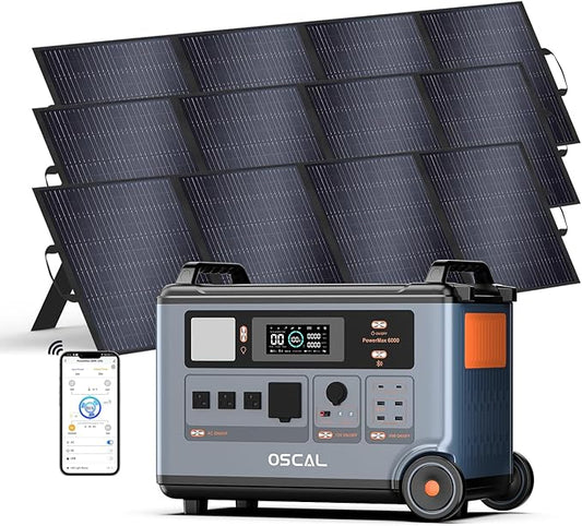 OSCAL PowerMax 6000 Solar Generator, 3600Wh/3000W Portable Power Station with 3x200W Solar Panels, 4 AC Outlets (6000W Peak), 1.2H Fast Charging, App Control for Home, Camping & RVs