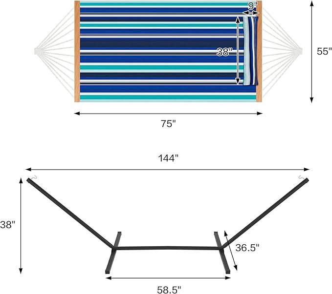 Two Person Hammock with Stand Heavy Duty, Outdoor Patio Hammock with Portable Steel Stand, Large Double Hammocks,480lbs Capacity.(Blue Stripes)